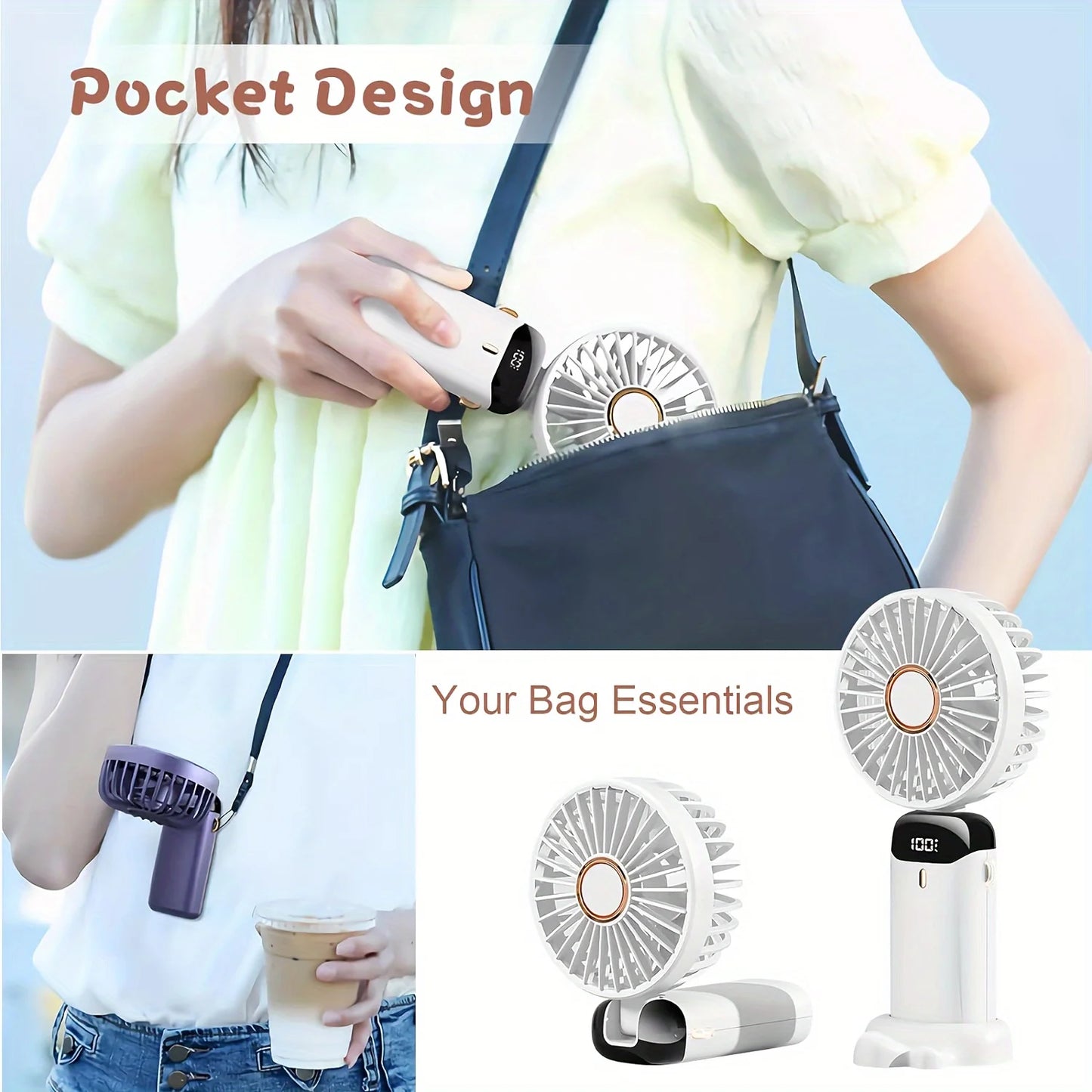 Mini Portable Handheld Fan LED Display USB Rechargeable with Phone Stand